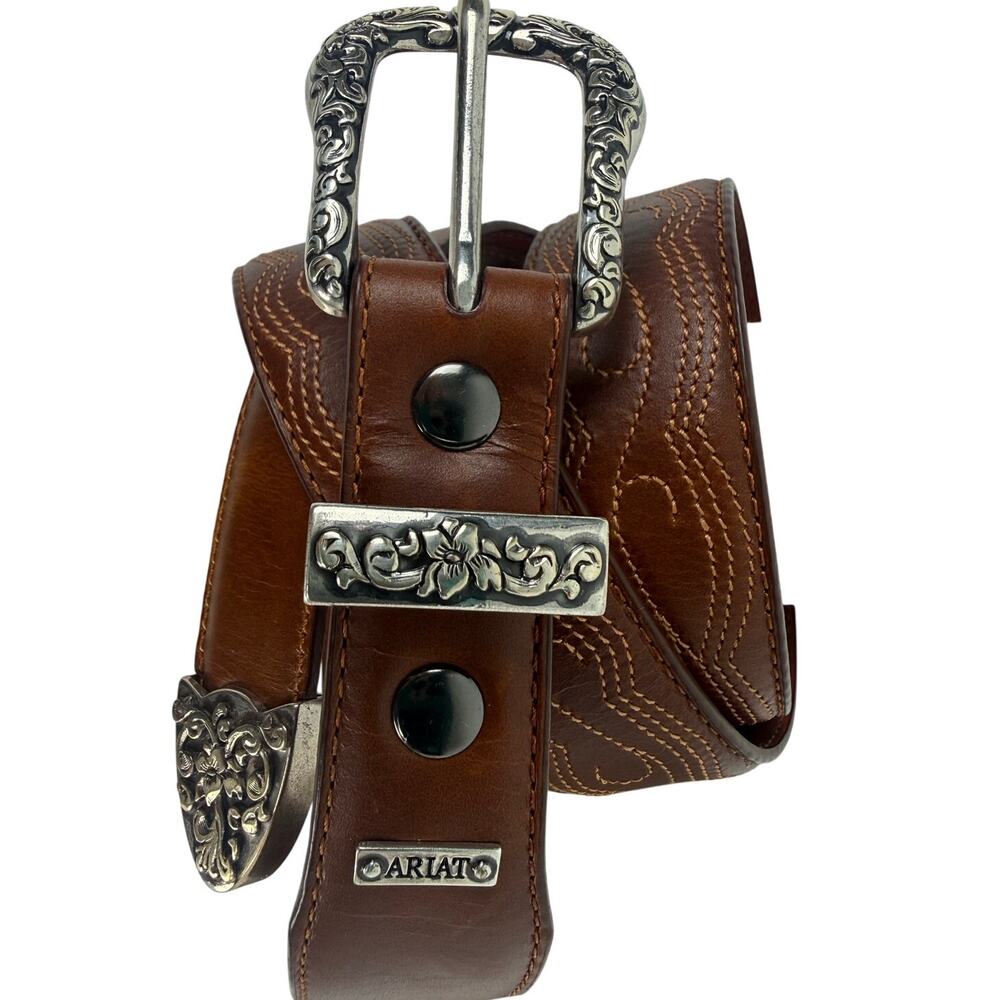 Ariat Women's 34 Brown Leather Western Belt Tooled Silver Buckle